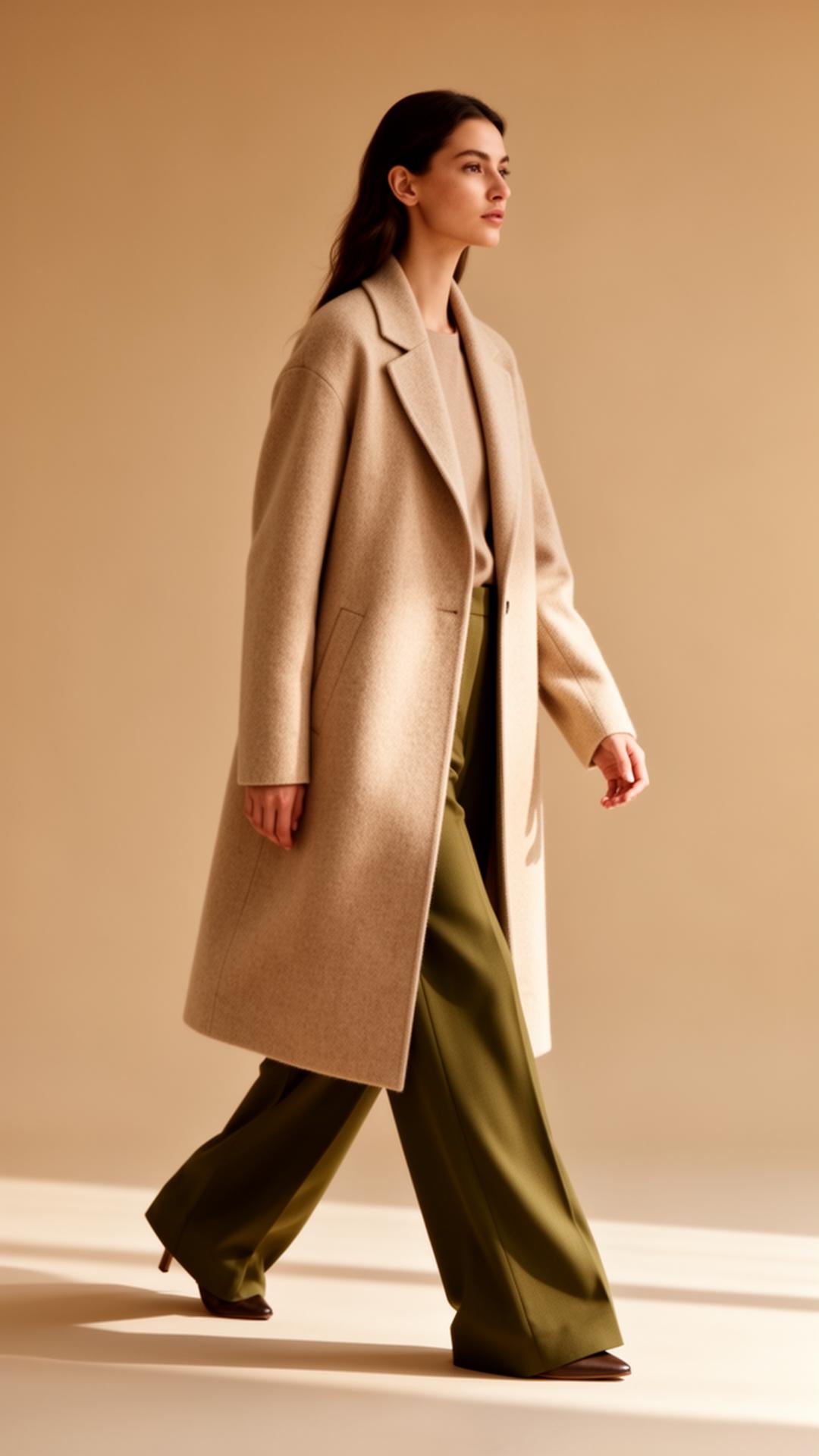 Editorial fashion portrait of a woman in a beige coat and olive trousers